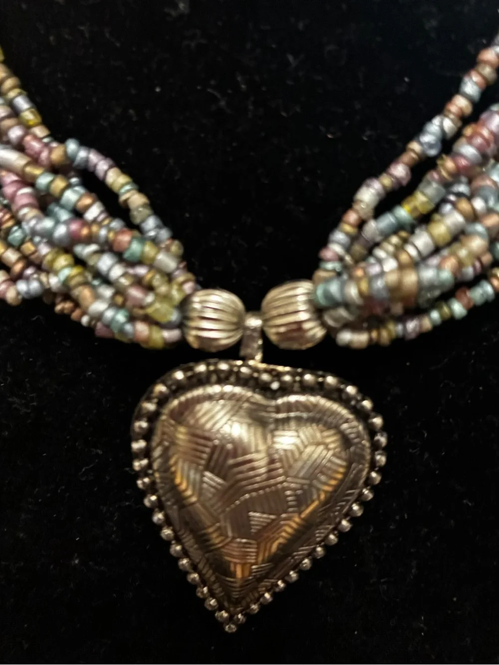 Multi-Strand EUC Seed Beaded Necklace with Heart Pendant SilverTone